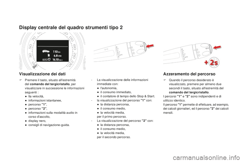 CITROEN DS4 2015 Libretti Di Uso E manutenzione (in Italian) DS4_it_Chap01_controle-de-marche_ed02-2015
display centrale del quadro strumenti tipo 2
Visualizzazione dei dati
- La visualizzazione delle informazioni immediate con:
●
l
'autonomia,
●
i
CITROEN DS4 2015 Libretti Di Uso E manutenzione (in Italian) DS4_it_Chap01_controle-de-marche_ed02-2015
display centrale del quadro strumenti tipo 2
Visualizzazione dei dati
- La visualizzazione delle informazioni immediate con:
●
l
'autonomia,
●
i