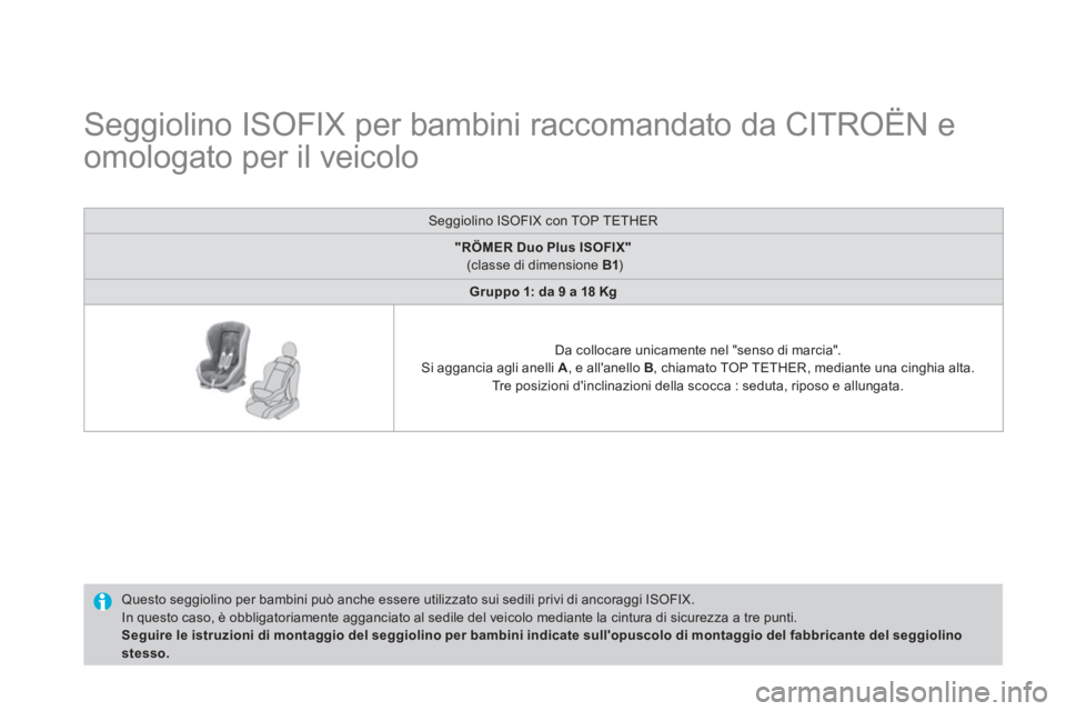 CITROEN DS4 2014 Libretti Di Uso E manutenzione (in Italian)
Seggiolino ISOFIX per bambini raccomandato da CITROËN e
omologato per il veicolo
Questo seggiolino per bambini può anche essere utilizzato sui sedili privi di anco CITROEN DS4 2014 Libretti Di Uso E manutenzione (in Italian)
Seggiolino ISOFIX per bambini raccomandato da CITROËN e
omologato per il veicolo
Questo seggiolino per bambini può anche essere utilizzato sui sedili privi di anco