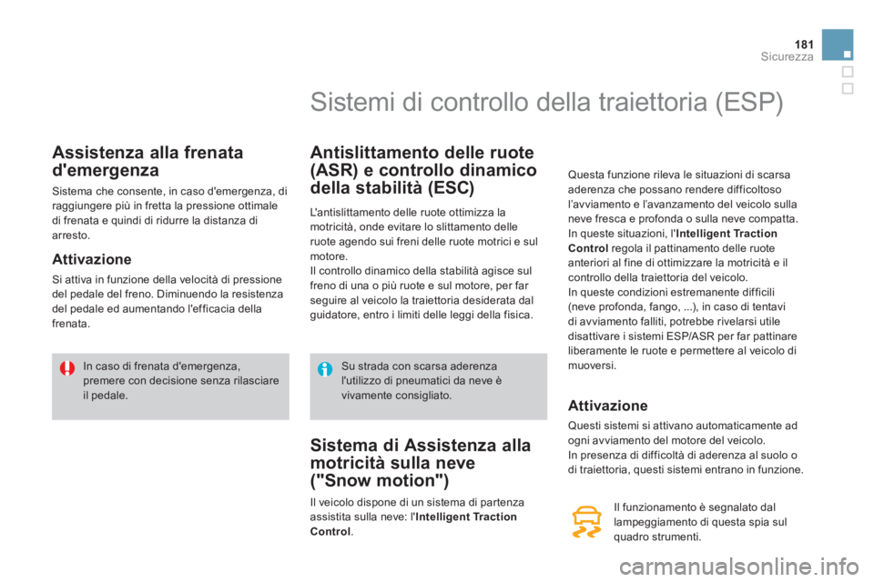 CITROEN DS4 2014 Libretti Di Uso E manutenzione (in Italian) 181Sicurezza
Assistenza alla frenata
demergenza
Sistema che consente, in caso demergenza, di
raggiungere più in fretta la pressione ottimale
di frenata e quindi di ridurre CITROEN DS4 2014 Libretti Di Uso E manutenzione (in Italian) 181Sicurezza
Assistenza alla frenata
demergenza
Sistema che consente, in caso demergenza, di
raggiungere più in fretta la pressione ottimale
di frenata e quindi di ridurre