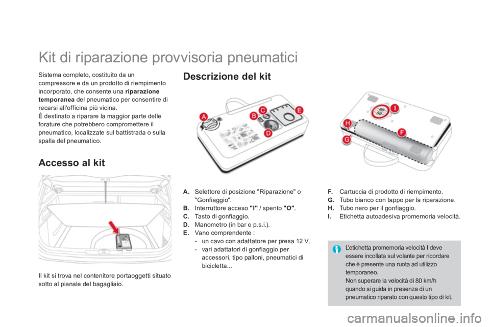 CITROEN DS4 2014  Libretti Di Uso E manutenzione (in Italian)    
 
 
 
 
 
 
 
 
 
 
 
 
 
 
 
 
Kit di riparazione provvisoria pneumatici 
 
 
Sistema completo, costituito da un 
compressore e da un prodotto di riempimento 
incorporato, che consente una  ripar