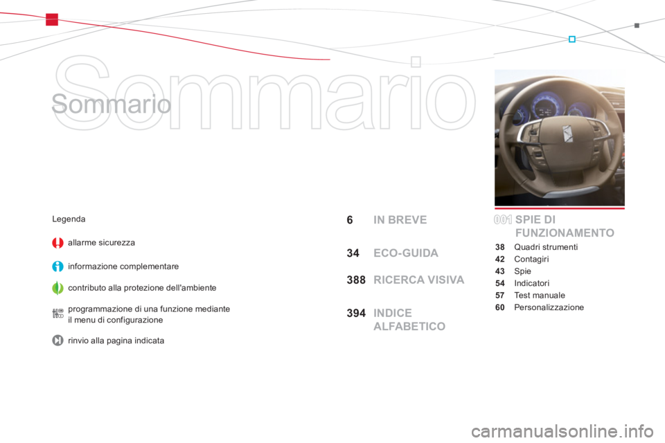 CITROEN DS4 2014  Libretti Di Uso E manutenzione (in Italian)   Sommario 
   
Sommario  
6 IN BREVE
34 ECO- GUIDA
388  RICERCA VISIVA
394  INDICE 
ALFABETICOSPIE DI 
FUNZIONAMENTO
38 Quadri strumenti
42 Contagiri
43 Spie
54 Indicatori
57 Te s t  m a n u a l e
60