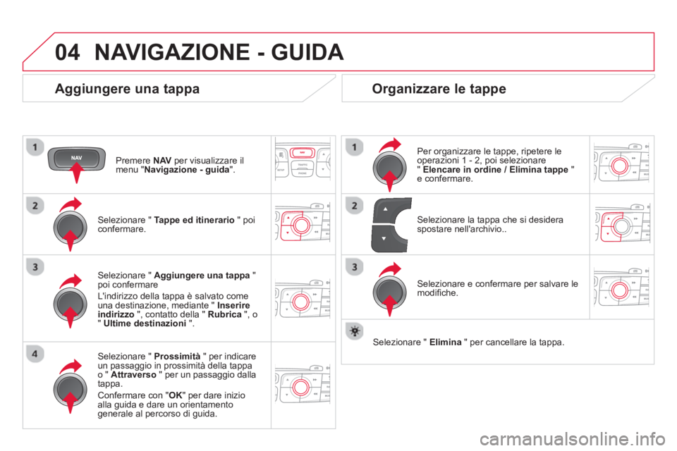 CITROEN DS4 2014 Libretti Di Uso E manutenzione (in Italian) 04 NAVIGAZIONE - GUIDA
Aggiungere una tappa
Premere NAV
per visualizzare il
menu " Navigazione - guida
".
Selezionare " Tappe ed itinerario
" poi
confermare.
Selezionar CITROEN DS4 2014 Libretti Di Uso E manutenzione (in Italian) 04 NAVIGAZIONE - GUIDA
Aggiungere una tappa
Premere NAV
per visualizzare il
menu " Navigazione - guida
".
Selezionare " Tappe ed itinerario
" poi
confermare.
Selezionar