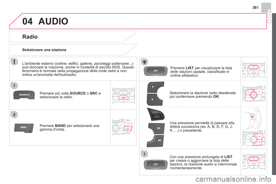 CITROEN DS4 2014 Libretti Di Uso E manutenzione (in Italian) 361
04 AUDIO
Premere più volte SOURCE
o SRC
e
selezionare la radio.
Premere BAND
per selezionare una
gamma donda.
Premere LIST
per visualizzare la lista
delle stazion CITROEN DS4 2014 Libretti Di Uso E manutenzione (in Italian) 361
04 AUDIO
Premere più volte SOURCE
o SRC
e
selezionare la radio.
Premere BAND
per selezionare una
gamma donda.
Premere LIST
per visualizzare la lista
delle stazion
