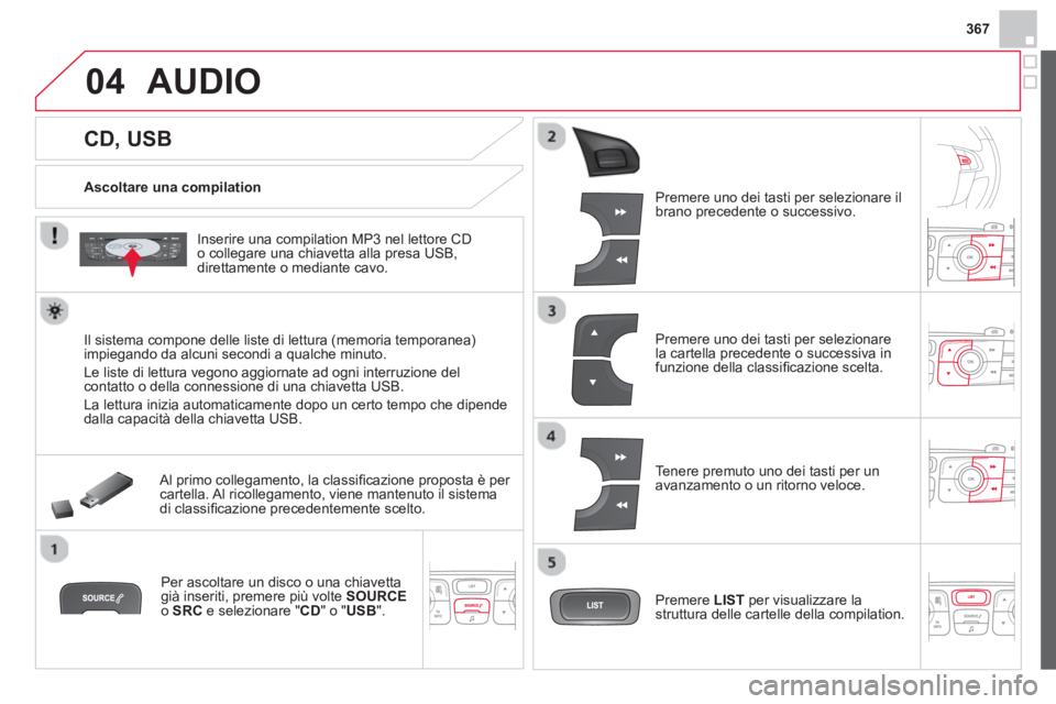 CITROEN DS4 2014 Libretti Di Uso E manutenzione (in Italian) 367
04
CD, USB
AUDIO
Ascoltare una compilation
Inserire una compilation MP3 nel lettore CD
o collegare una chiavetta alla presa USB,
direttamente o mediante c CITROEN DS4 2014 Libretti Di Uso E manutenzione (in Italian) 367
04
CD, USB
AUDIO
Ascoltare una compilation
Inserire una compilation MP3 nel lettore CD
o collegare una chiavetta alla presa USB,
direttamente o mediante c