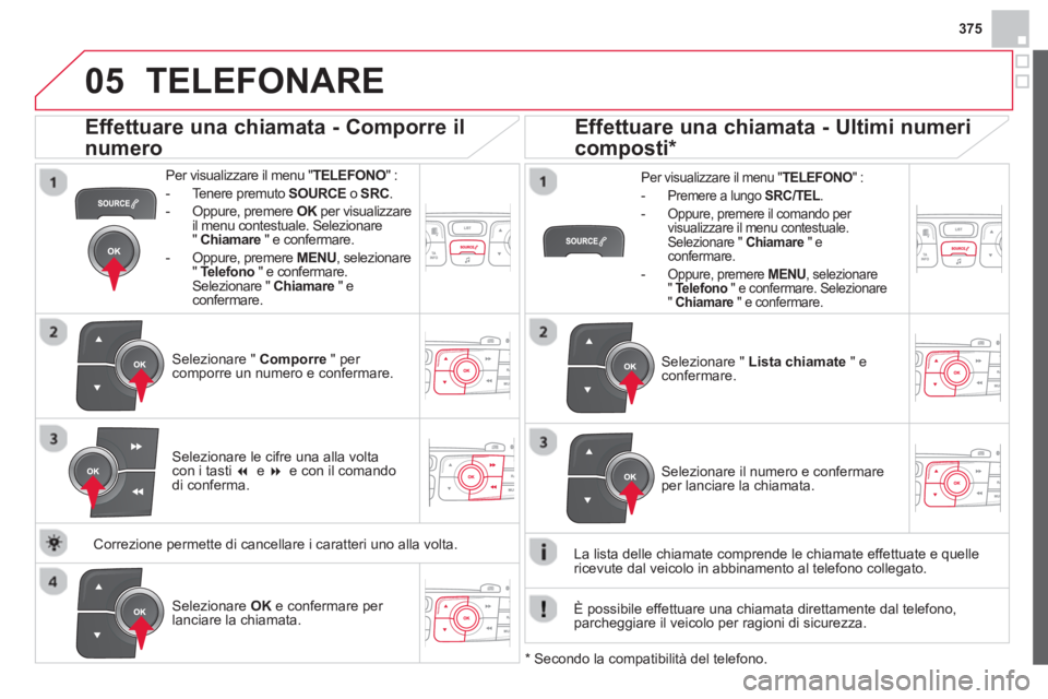 CITROEN DS4 2014 Libretti Di Uso E manutenzione (in Italian) 375
05 TELEFONARE
Per visualizzare il menu " TELEFONO
" :
- Tenere premuto SOURCE
o SRC
.
- Oppure, premere OK
per visualizzare
il menu contestuale. Selezionare
" CITROEN DS4 2014 Libretti Di Uso E manutenzione (in Italian) 375
05 TELEFONARE
Per visualizzare il menu " TELEFONO
" :
- Tenere premuto SOURCE
o SRC
.
- Oppure, premere OK
per visualizzare
il menu contestuale. Selezionare
"