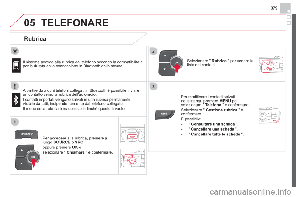 CITROEN DS4 2014  Libretti Di Uso E manutenzione (in Italian) 379
 
  
05  TELEFONARE 
 
 
Rubrica 
 
 
 
Il sistema accede alla rubrica del telefono secondo la compatibilità e 
per la durata delle connessione in Bluetooth dello stesso.  
   
A partire da alcun