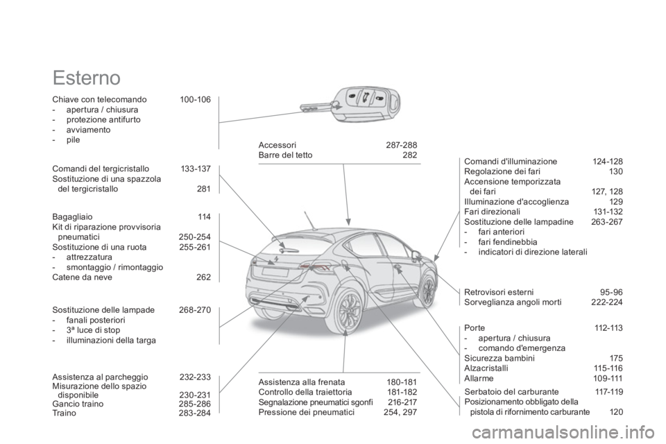 CITROEN DS4 2014 Libretti Di Uso E manutenzione (in Italian) Esterno
Chiave con telecomando 100 -106
- apertura / chiusura
- protezione antifurto
- avviamento
- pile
Comandi dilluminazione 124-128
Regolazione dei CITROEN DS4 2014 Libretti Di Uso E manutenzione (in Italian) Esterno
Chiave con telecomando 100 -106
- apertura / chiusura
- protezione antifurto
- avviamento
- pile
Comandi dilluminazione 124-128
Regolazione dei