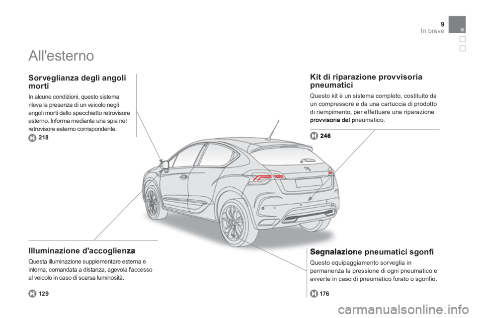 CITROEN DS4 2013  Libretti Di Uso E manutenzione (in Italian) 9In breve
  Allesterno  
 
 
Illuminazione daccoglienza
 Questa illuminazione supplementare esterna e 
interna, comandata a distanza, agevola laccessoal veicolo in caso di scarsa luminosità.
   Ki