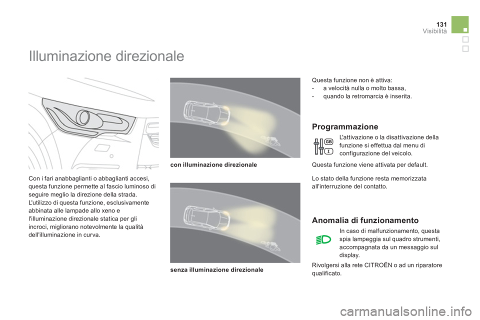 CITROEN DS4 2013 Libretti Di Uso E manutenzione (in Italian) 131Visibilità
Illuminazione direzionale
Con i fari anabbaglianti o abbaglianti accesi, questa funzione permette al fascio luminoso diseguire meglio la direzione della strada.
Lu CITROEN DS4 2013 Libretti Di Uso E manutenzione (in Italian) 131Visibilità
Illuminazione direzionale
Con i fari anabbaglianti o abbaglianti accesi, questa funzione permette al fascio luminoso diseguire meglio la direzione della strada.
Lu