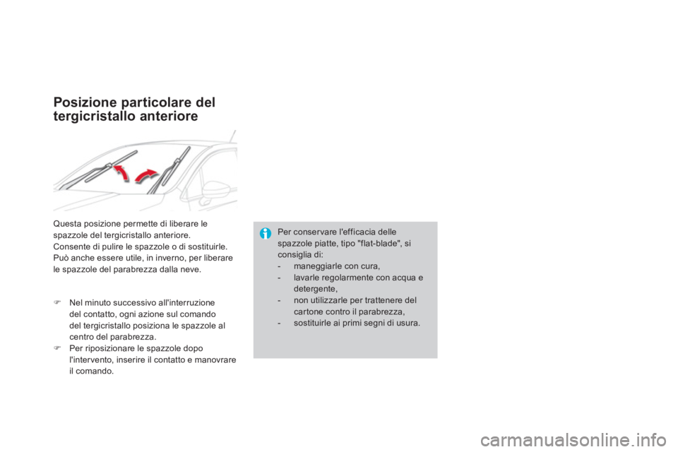 CITROEN DS4 2013  Libretti Di Uso E manutenzione (in Italian) Per conservare lefficacia dellespazzole piatte, tipo "flat-blade", siconsiglia di:-  maneggiarle con cura, -  lavarle regolarmente con acqua edetergente,-  non utilizzarle per trattenere del cartone 