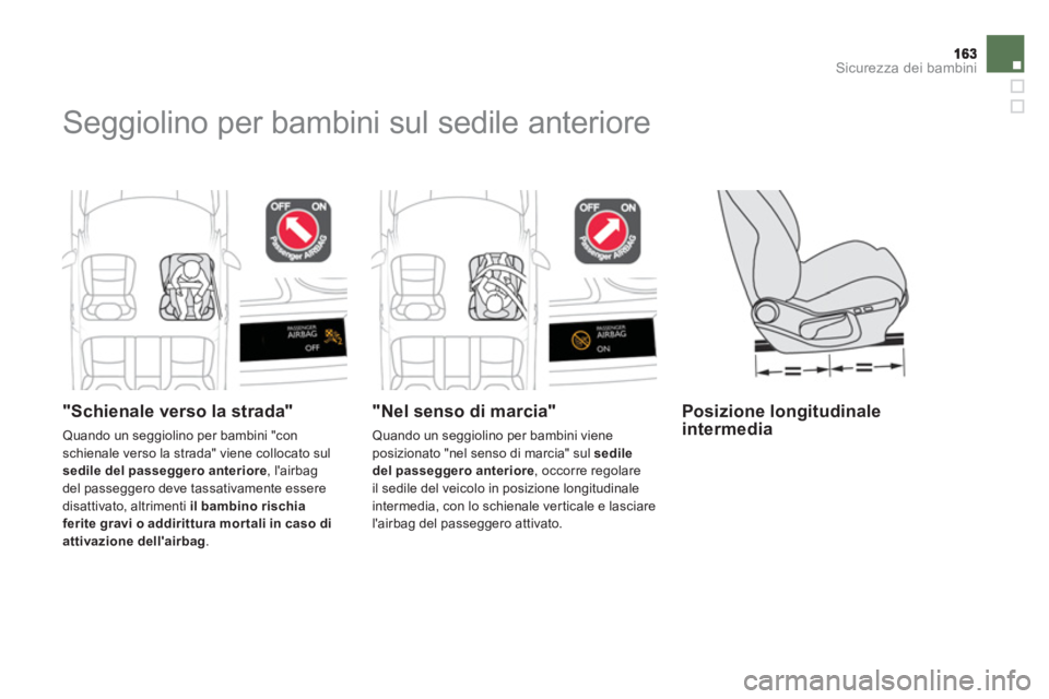 CITROEN DS4 2013 Libretti Di Uso E manutenzione (in Italian) Sicurezza dei bambini
Seggiolino per bambini sul sedile anteriore
"Schienale verso la strada"
Quando un seggiolino per bambini "con schienale verso la strada" viene collocato sul
sedile del CITROEN DS4 2013 Libretti Di Uso E manutenzione (in Italian) Sicurezza dei bambini
Seggiolino per bambini sul sedile anteriore
"Schienale verso la strada"
Quando un seggiolino per bambini "con schienale verso la strada" viene collocato sul
sedile del