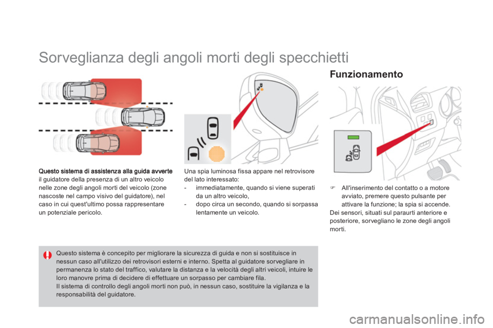 CITROEN DS4 2013  Libretti Di Uso E manutenzione (in Italian)    
 
 
 
 
 
 
 
Sorveglianza degli angoli morti degli specchietti 
il guidatore della presenza di un altro veicolo nelle zone degli angoli mor ti del veicolo (zonenascoste nel campo visivo del guida