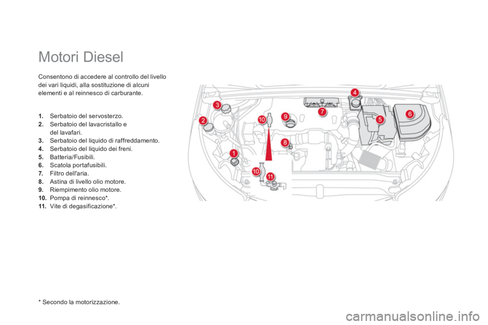 CITROEN DS4 2013  Libretti Di Uso E manutenzione (in Italian)    
 
 
 
 
 
 
 
 
 
 
 
 
Motori Diesel 
Consentono di accedere al controllo del livello
dei vari liquidi, alla sostituzione di alcunielementi e al reinnesco di carburante. 
1. 
 Serbatoio del ser v