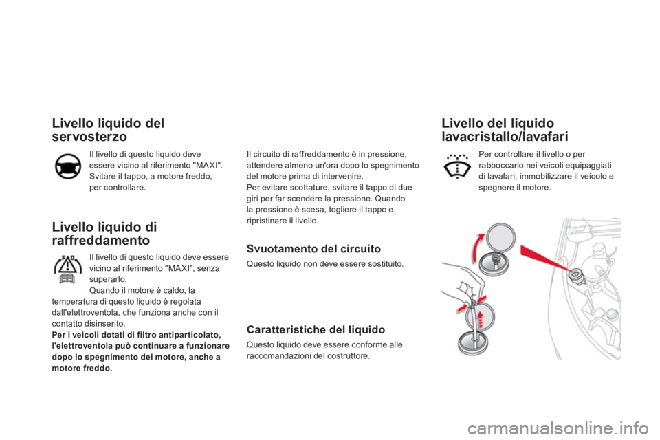 CITROEN DS4 2013  Libretti Di Uso E manutenzione (in Italian)    
Svuotamento del circuito 
 Questo liquido non deve essere sostituito.
 
 
Caratteristiche del liquido 
 Questo liquido deve essere conforme alle raccomandazioni del costruttore.  
 
Livello liquid