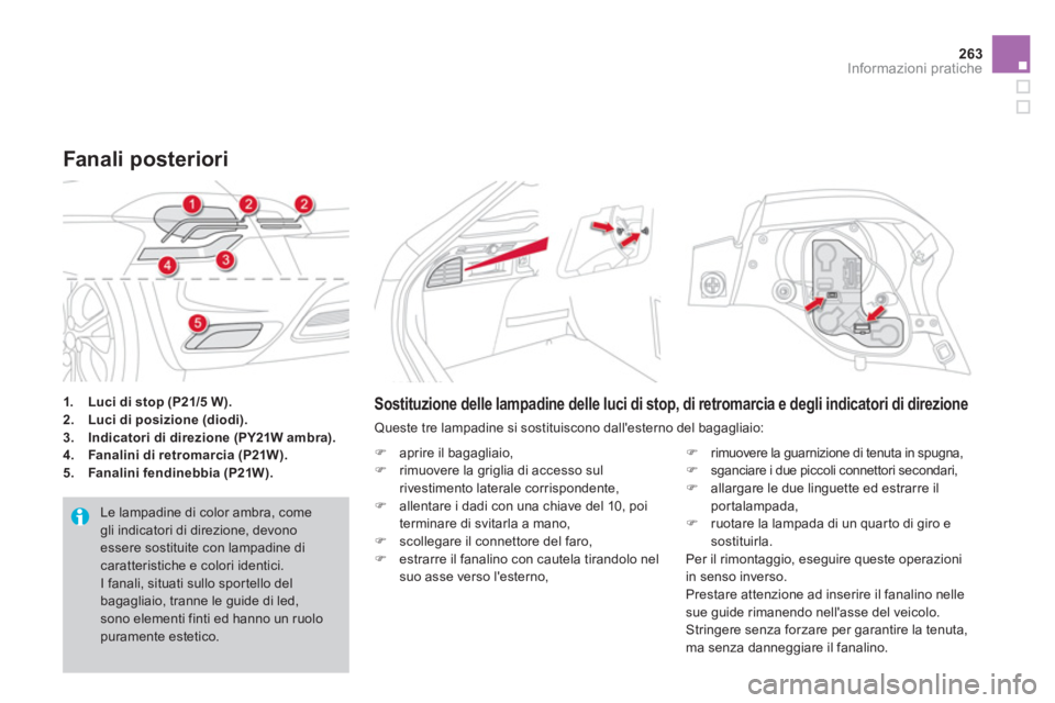 CITROEN DS4 2013  Libretti Di Uso E manutenzione (in Italian) 263Informazioni pratiche
1.Luci di stop (P21/5 W).2.Luci di posizione (diodi).3.Indicatori di direzione (PY21W ambra).4.Fanalini di retromarcia (P21W).5.    Fanalini fendinebbia (P21W).
Fanali posteri