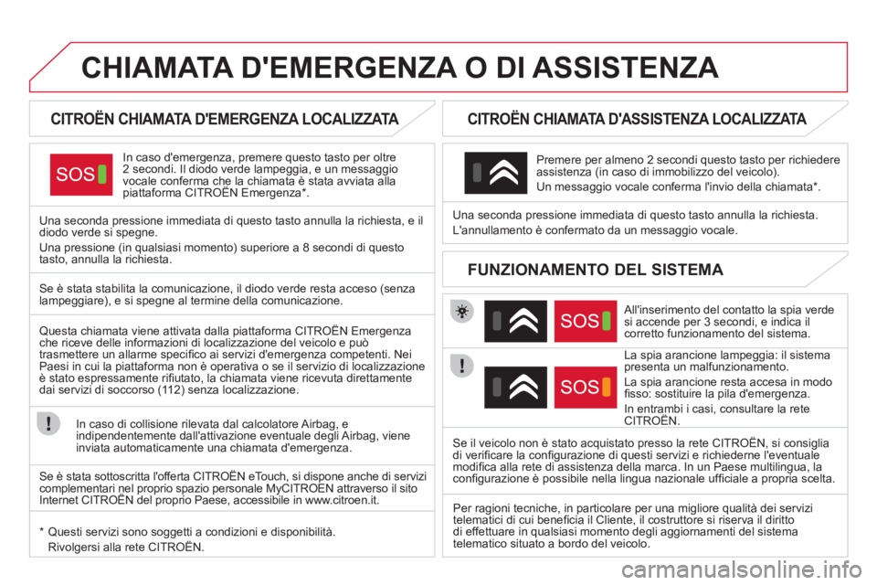 CITROEN DS4 2013 Libretti Di Uso E manutenzione (in Italian) CHIAMATA DEMERGENZA O DI ASSISTENZA
CITROËN CHIAMATA DEMERGENZA LOCALIZZATA
In caso demergenza, premere questo tasto per oltre2 secondi. Il diodo verde lampeggia, e un messagg CITROEN DS4 2013 Libretti Di Uso E manutenzione (in Italian) CHIAMATA DEMERGENZA O DI ASSISTENZA
CITROËN CHIAMATA DEMERGENZA LOCALIZZATA
In caso demergenza, premere questo tasto per oltre2 secondi. Il diodo verde lampeggia, e un messagg