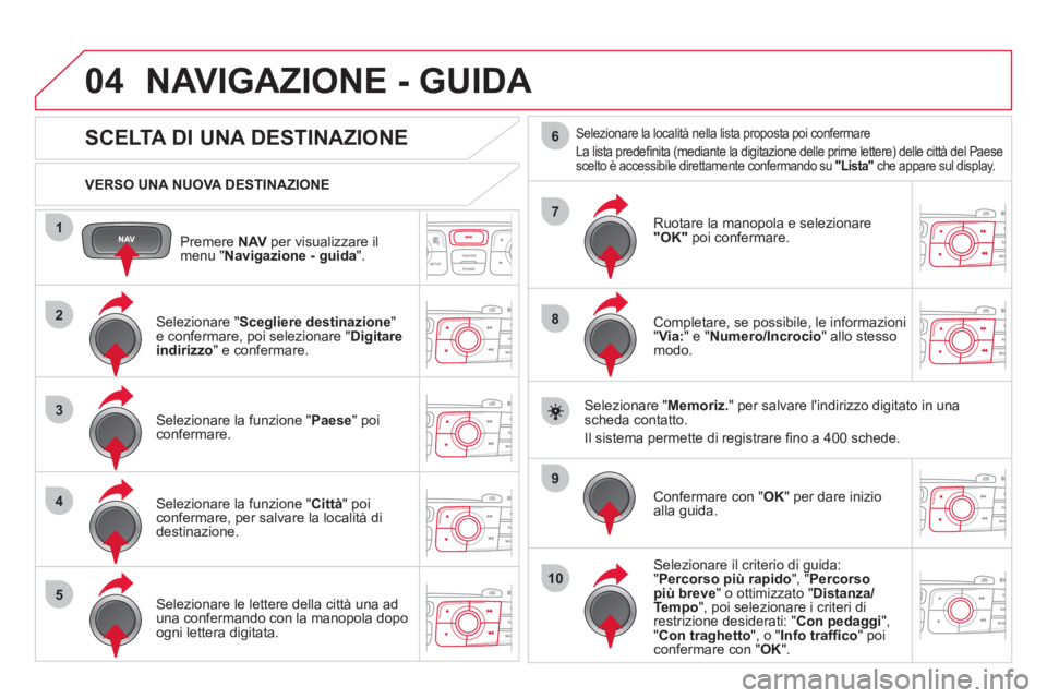 CITROEN DS4 2013 Libretti Di Uso E manutenzione (in Italian) 04
1
2
3
4
5
7
9
10
8
6
Premere NAV per visualizzare il
menu " Navigazione - guida".
VERSO UNA NUOVA DESTINAZIONE
NAVIGAZIONE - GUIDA
SCELTA DI UNA DESTINAZIONE
Sel CITROEN DS4 2013 Libretti Di Uso E manutenzione (in Italian) 04
1
2
3
4
5
7
9
10
8
6
Premere NAV per visualizzare il
menu " Navigazione - guida".
VERSO UNA NUOVA DESTINAZIONE
NAVIGAZIONE - GUIDA
SCELTA DI UNA DESTINAZIONE
Sel