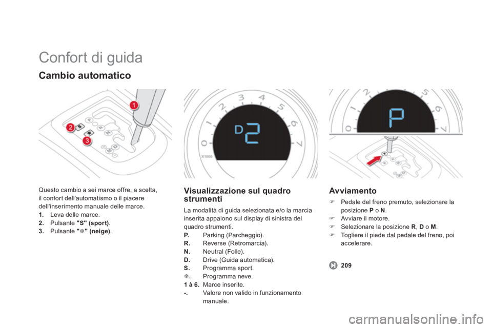 CITROEN DS4 2013  Libretti Di Uso E manutenzione (in Italian)   Confort di guida 
Cambio automatico 
Questo cambio a sei marce offre, a scelta,
il confort dellautomatismo o il piaceredellinserimento manuale delle marce.1.   Leva delle marce. 2. 
 Pulsante "S" 