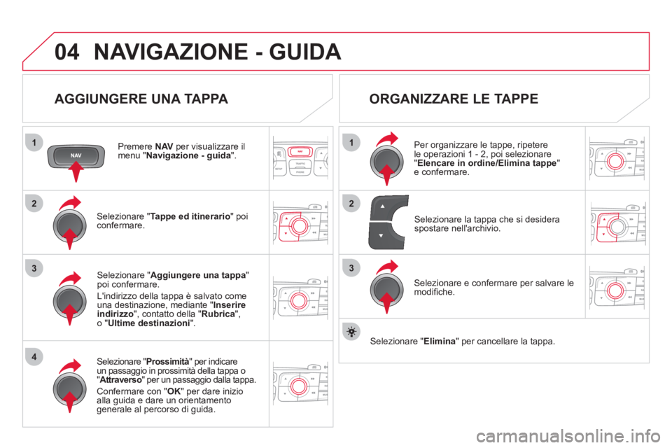 CITROEN DS4 2013 Libretti Di Uso E manutenzione (in Italian) 04
1
4
3
1
3
22
NAVIGAZIONE - GUIDA
AGGIUNGERE UNA TAPPA
Premere NAV
per visualizzare il menu "Navigazione - guida".
Selezionare " Tappe ed itinerario" poi confermare.
Selezionare "Prossi CITROEN DS4 2013 Libretti Di Uso E manutenzione (in Italian) 04
1
4
3
1
3
22
NAVIGAZIONE - GUIDA
AGGIUNGERE UNA TAPPA
Premere NAV
per visualizzare il menu "Navigazione - guida".
Selezionare " Tappe ed itinerario" poi confermare.
Selezionare "Prossi