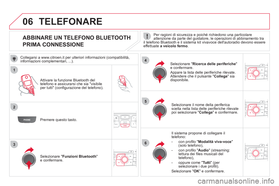 CITROEN DS4 2013  Libretti Di Uso E manutenzione (in Italian) 1
2
5
63
4
06
   
 
 
 
 
 
 
 
 
 
 
 
 
 
 
ABBINARE UN TELEFONO BLUETOOTH  
PRIMA CONNESSIONE    
Per ragioni di sicurezza e poiché richiedono una particolare
attenzione da parte del guidatore, le