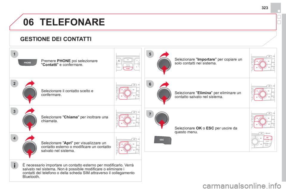 CITROEN DS4 2013  Libretti Di Uso E manutenzione (in Italian) 323
06
1
2
3
4
5
6
7
   
GESTIONE DEI CONTATTI 
Premere  PHONE 
 poi selezionare
"Contatti 
" e confermare.  
Selezionare il contatto scelto e confermare.
Selezionare " Importare 
" per copiare un sol