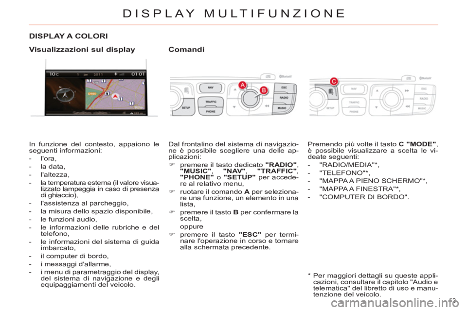 CITROEN DS4 2013 Libretti Di Uso E manutenzione (in Italian) DISPLAY MULTIFUNZIONE
3
DISPLAY A COLORI
In funzione del contesto, appaiono le
seguenti informazioni:
- lora,
- la data,
- laltezza,
- la temperatura esterna (il valor CITROEN DS4 2013 Libretti Di Uso E manutenzione (in Italian) DISPLAY MULTIFUNZIONE
3
DISPLAY A COLORI
In funzione del contesto, appaiono le
seguenti informazioni:
- lora,
- la data,
- laltezza,
- la temperatura esterna (il valor