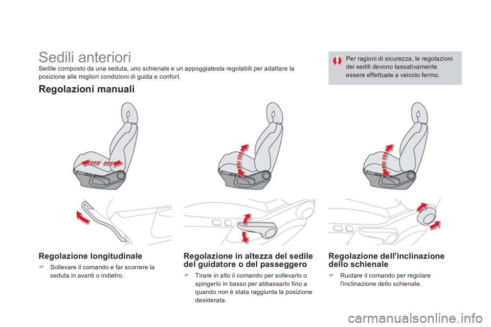 CITROEN DS4 2013  Libretti Di Uso E manutenzione (in Italian)    
 
 
 
 
 
 
 
Sedili anteriori Sedile composto da una seduta, uno schienale e un appoggiatesta regolabili per adattare la posizione alle migliori condizioni di guida e confort.  
Regolazioni manua