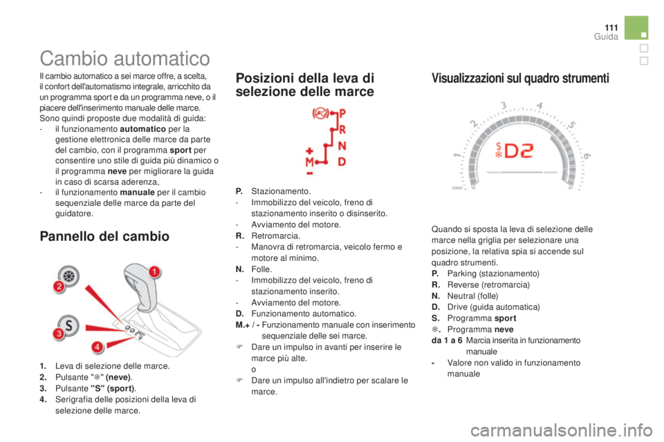 CITROEN DS5 2016 Libretti Di Uso E manutenzione (in Italian) 111
DS5_it_Chap04_conduite_ed02-2015
Visualizzazioni sul quadro strumenti
Quando si sposta la leva di selezione delle
marce nella griglia per selezionare una
posizione, la relativa spia si accende s CITROEN DS5 2016 Libretti Di Uso E manutenzione (in Italian) 111
DS5_it_Chap04_conduite_ed02-2015
Visualizzazioni sul quadro strumenti
Quando si sposta la leva di selezione delle
marce nella griglia per selezionare una
posizione, la relativa spia si accende s