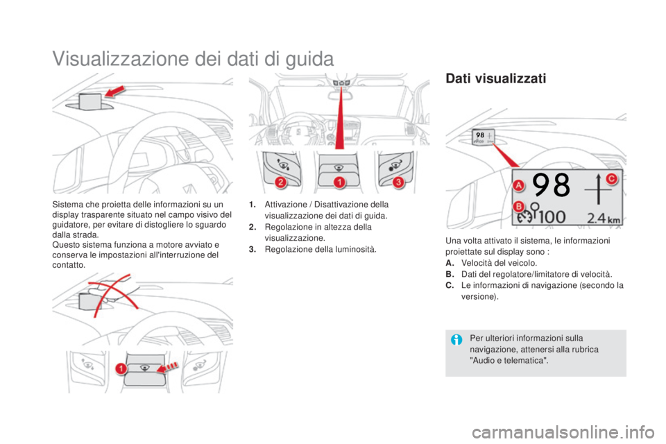 CITROEN DS5 2016 Libretti Di Uso E manutenzione (in Italian) DS5_it_Chap04_conduite_ed02-2015
Visualizzazione dei dati di guida
Sistema che proietta delle informazioni su un
display trasparente situato nel campo visivo del
guidatore, per evitare di distoglier CITROEN DS5 2016 Libretti Di Uso E manutenzione (in Italian) DS5_it_Chap04_conduite_ed02-2015
Visualizzazione dei dati di guida
Sistema che proietta delle informazioni su un
display trasparente situato nel campo visivo del
guidatore, per evitare di distoglier