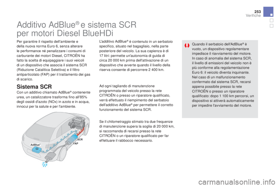 CITROEN DS5 2016  Libretti Di Uso E manutenzione (in Italian) 253
DS5_it_Chap09_verifications_ed02-2015
Additivo AdBlue® e sistema SCR
per motori Diesel BlueHDi
Per garantire il rispetto dell'ambiente e 
della nuova norma Euro 6, senza alterare 
le per form