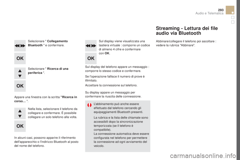 CITROEN DS5 2016  Libretti Di Uso E manutenzione (in Italian) 293
DS5_it_Chap11d_RD5_ed02-2015
L'abbinamento può anche essere 
effettuato dal telefono cercando gli 
equipaggiamenti Bluetooth presenti.
La rubrica e la lista delle chiamate sono 
accessibili d