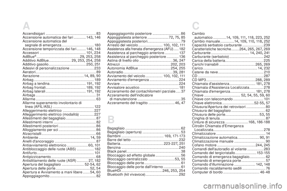 CITROEN DS5 2016 Libretti Di Uso E manutenzione (in Italian) A
Accendisigari ..................................................83
A ccensione automatica dei fari ............143, 146
Accensione automatica del segnale di emergenza
........................ CITROEN DS5 2016 Libretti Di Uso E manutenzione (in Italian) A
Accendisigari ..................................................83
A ccensione automatica dei fari ............143, 146
Accensione automatica del segnale di emergenza
........................