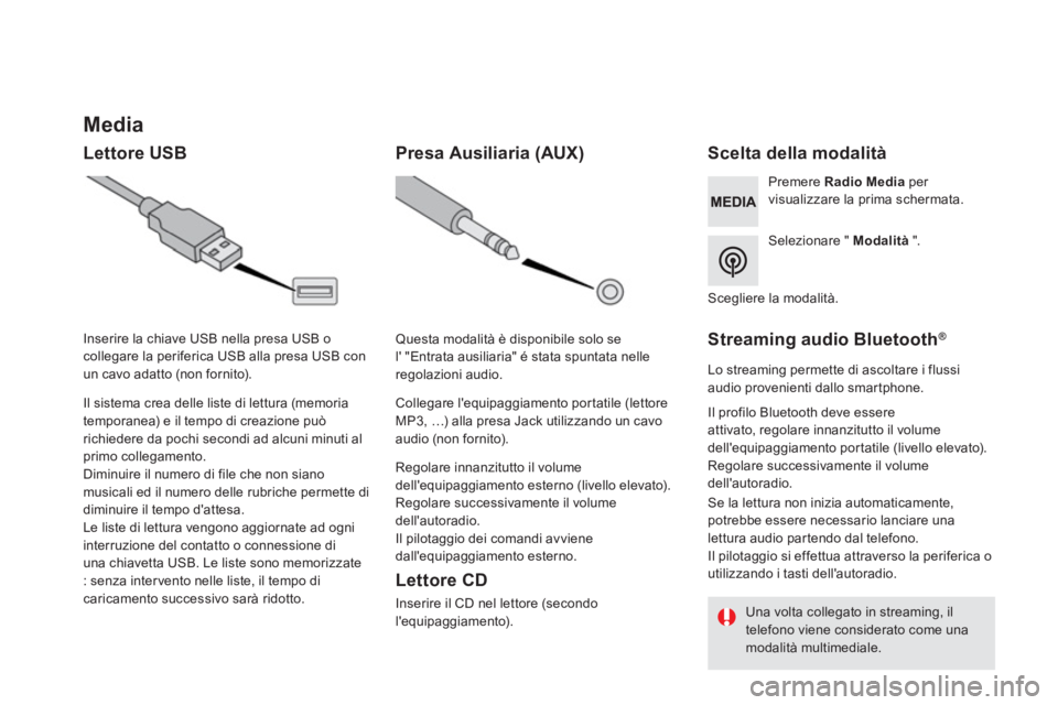 CITROEN DS5 2016  Libretti Di Uso E manutenzione (in Italian)    
 
 
 
 
 
 
 
 
Media 
 
 
Lettore USB    
 
 
 
 
 
 
 
 
 
 
 
 
 
 
 
Scelta della modalità  
 
 
Selezionare "  Modalità 
 ".  
 
     
Premere  Radio Media 
 per 
visualizzare la prima sche