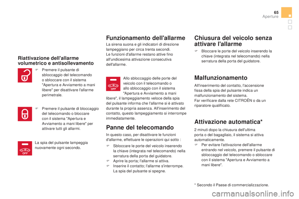 CITROEN DS5 2016 Libretti Di Uso E manutenzione (in Italian) OFF
OFF
65
DS5_it_Chap02_ouvertures_ed02-2015
Riattivazione dell'allarme
volumetrico e antisollevamento
Funzionamento dell'allarme
La sirena suona e gli indicatori di direzione
lampeggiano p CITROEN DS5 2016 Libretti Di Uso E manutenzione (in Italian) OFF
OFF
65
DS5_it_Chap02_ouvertures_ed02-2015
Riattivazione dell'allarme
volumetrico e antisollevamento
Funzionamento dell'allarme
La sirena suona e gli indicatori di direzione
lampeggiano p