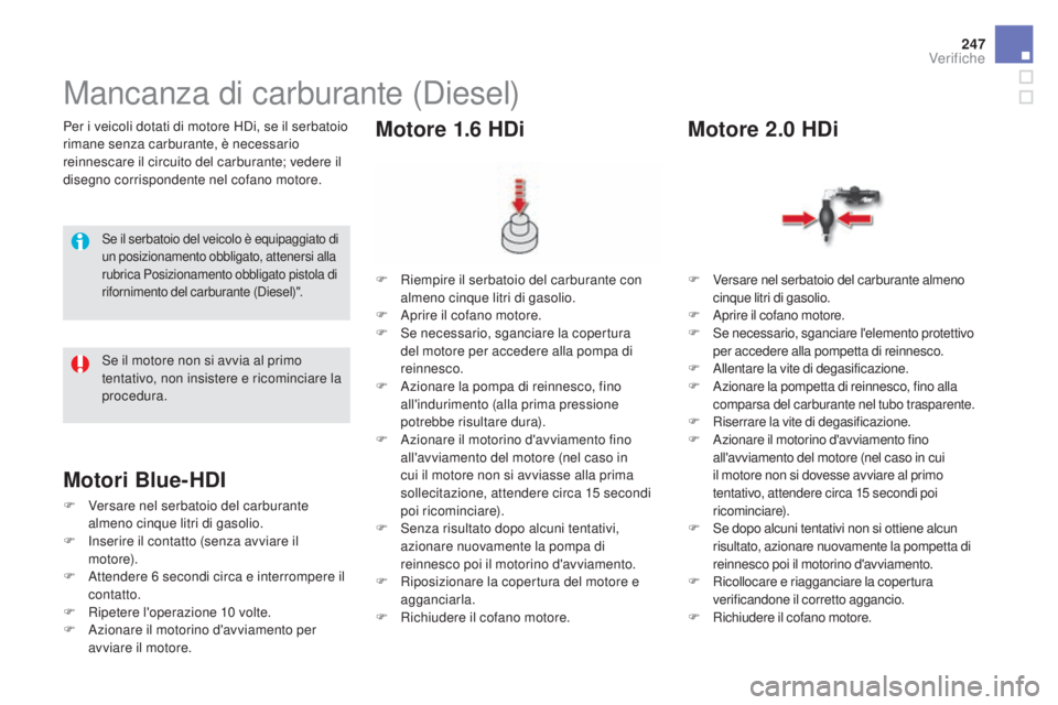 CITROEN DS5 2015  Libretti Di Uso E manutenzione (in Italian) 247
DS5_it_Chap09_verifications_ed01-2015
Per i veicoli dotati di motore HDi, se il serbatoio 
rimane senza carburante, è necessario 
reinnescare il circuito del carburante; vedere il 
disegno corris
