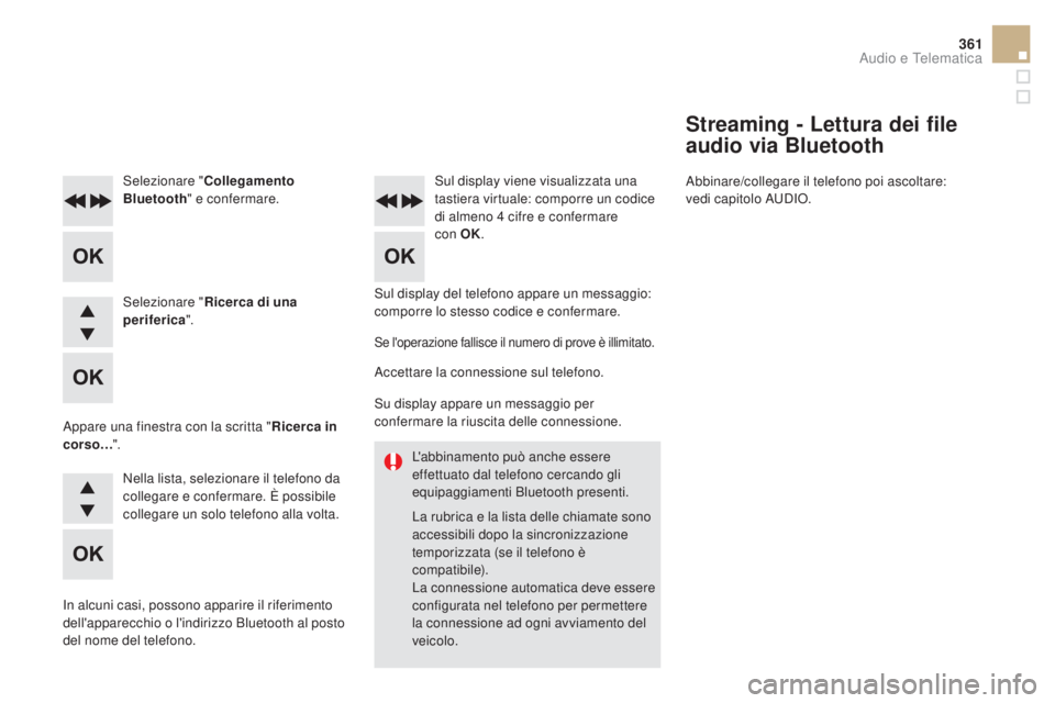 CITROEN DS5 2015  Libretti Di Uso E manutenzione (in Italian) 361
DS5_it_Chap11d_RD5_ed01-2015
L'abbinamento può anche essere 
effettuato dal telefono cercando gli 
equipaggiamenti Bluetooth presenti.
La rubrica e la lista delle chiamate sono 
accessibili d