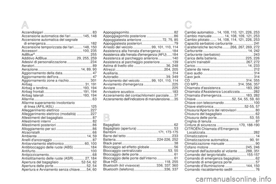 CITROEN DS5 2015  Libretti Di Uso E manutenzione (in Italian) DS5_it_Chap12_index-recherche_ed01-2015
Accendisigari ..................................................83
A ccensione automatica dei fari   ............145, 148
Accensione automatica del segnale   di