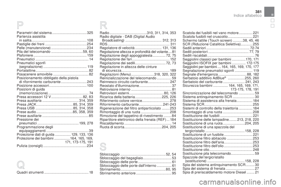 CITROEN DS5 2015  Libretti Di Uso E manutenzione (in Italian) 381
DS5_it_Chap12_index-recherche_ed01-2015
Quadri strumenti ............................................. 18Radio
 
 ......................................
310, 311, 314, 353
Radio digitale - DAB (Di