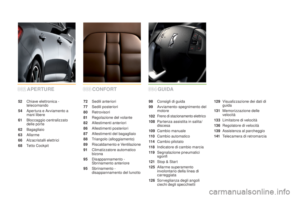 CITROEN DS5 2015 Libretti Di Uso E manutenzione (in Italian) 002003004
DS5_it_Chap00a_sommaire_ed01-2015
cONFORT
APERTUREgU Id A
72 Sedili anteriori
77
Sed
ili posteriori
80
Retrovisori
81
R
egolazione del volante
82
A
llestimenti anteriori
86
A
lles CITROEN DS5 2015 Libretti Di Uso E manutenzione (in Italian) 002003004
DS5_it_Chap00a_sommaire_ed01-2015
cONFORT
APERTUREgU Id A
72 Sedili anteriori
77
Sed
ili posteriori
80
Retrovisori
81
R
egolazione del volante
82
A
llestimenti anteriori
86
A
lles