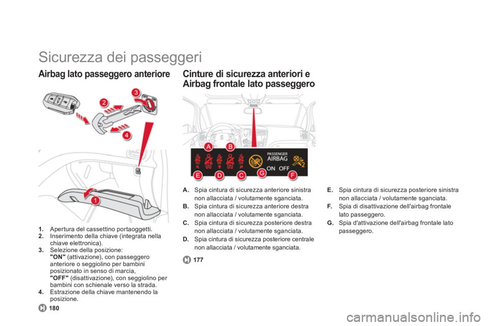 CITROEN DS5 2013  Libretti Di Uso E manutenzione (in Italian)   Sicurezza dei passeggeri 
1. 
  Apertura del cassettino portaoggetti. 2. 
 Inserimento della chiave (integrata nellachiave elettronica). 3.Selezione della posizione:
"ON" 
 (attivazione), con passeg