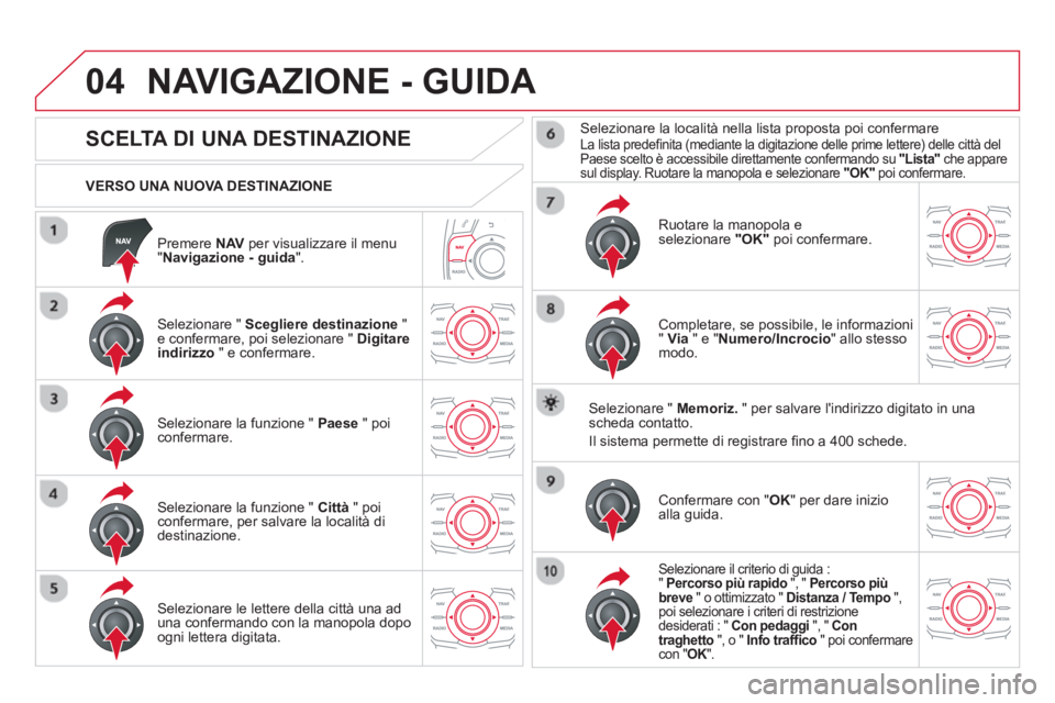 CITROEN DS5 2013 Libretti Di Uso E manutenzione (in Italian) 04
Premere NAV
per visualizzare il menu"Navigazione - guida".
VERSO UNA NUOVA DESTINAZIONE
NAVIGAZIONE - GUIDA
SCELTA DI UNA DESTINAZIONE
Selezionare " Sceglie CITROEN DS5 2013 Libretti Di Uso E manutenzione (in Italian) 04
Premere NAV
per visualizzare il menu"Navigazione - guida".
VERSO UNA NUOVA DESTINAZIONE
NAVIGAZIONE - GUIDA
SCELTA DI UNA DESTINAZIONE
Selezionare " Sceglie