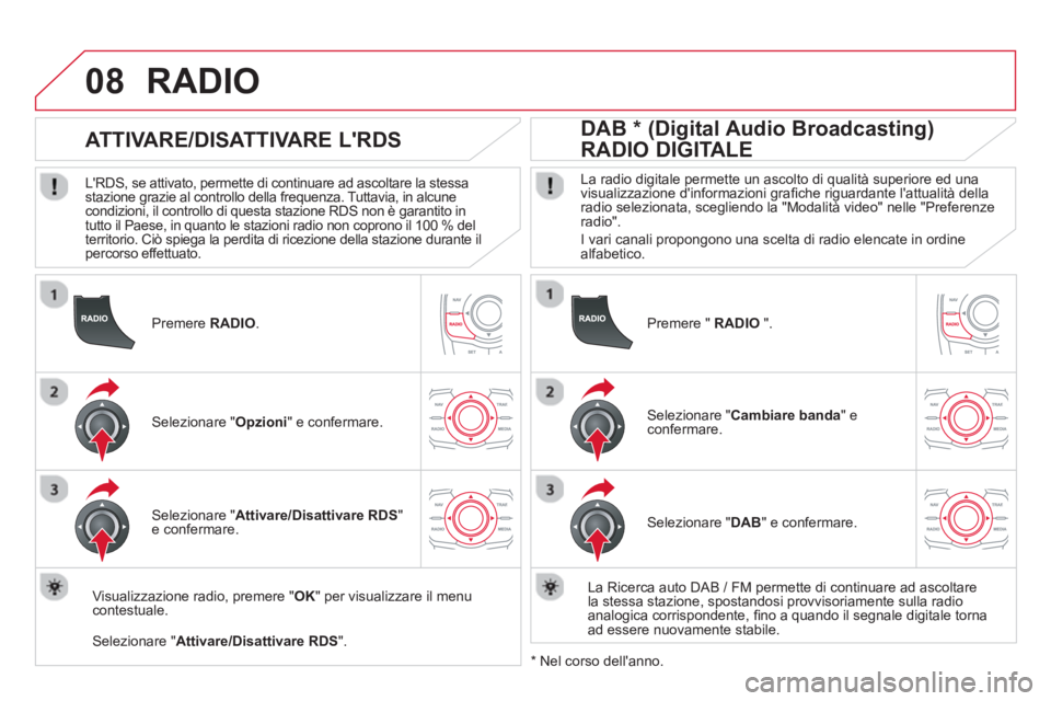 CITROEN DS5 2013  Libretti Di Uso E manutenzione (in Italian) 08
   
Premere  RADIO.
 
 
 
 
 
 
 
ATTIVARE/DISATTIVARE LRDS 
 
 
LRDS, se attivato, permette di continuare ad ascoltare la stessastazione grazie al controllo della frequenza. Tuttavia, in alcune 