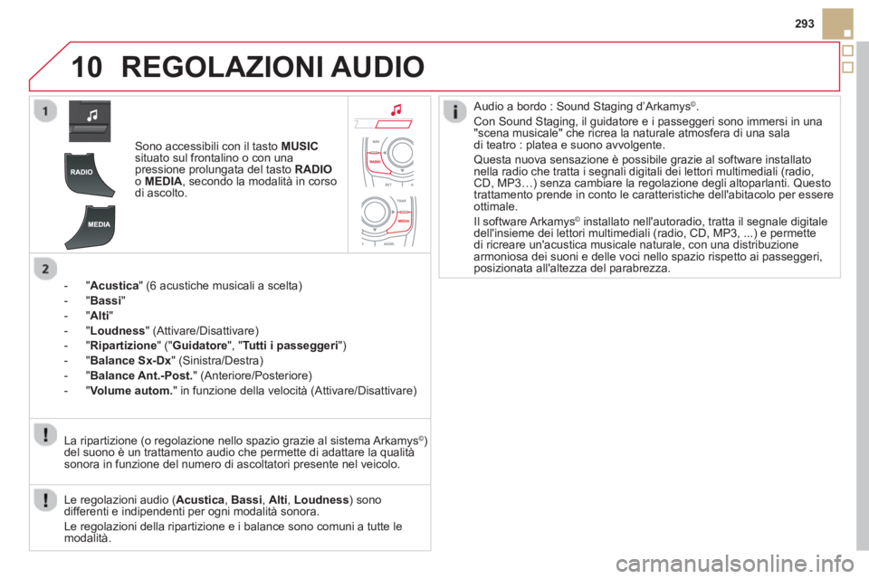 CITROEN DS5 2013 Libretti Di Uso E manutenzione (in Italian) 10
293
REGOLAZIONI AUDIO
Sono accessibili con il tasto MUSICsituato sul frontalino o con unapressione prolungata del tasto RADIOo MEDIA
, secondo la modalità in corso di ascolto.
-
"Acustica " CITROEN DS5 2013 Libretti Di Uso E manutenzione (in Italian) 10
293
REGOLAZIONI AUDIO
Sono accessibili con il tasto MUSICsituato sul frontalino o con unapressione prolungata del tasto RADIOo MEDIA
, secondo la modalità in corso di ascolto.
-
"Acustica "