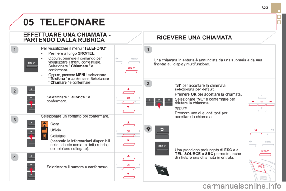 CITROEN DS5 2013  Libretti Di Uso E manutenzione (in Italian)  
  
05
SRC
323
TELEFONARE
Per visualizzare il menu "TELEFONO" :
-   Premere a lun
go  SRC/TEL .
-  Oppure, premere il comando per 
visualizzare il menu contestuale. Selezionare " Chiamare 
 " e confe