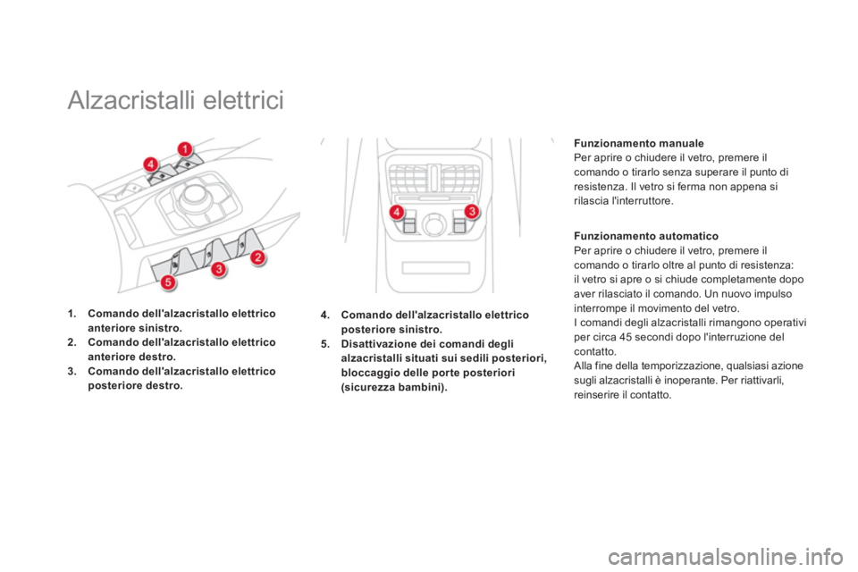 CITROEN DS5 2013  Libretti Di Uso E manutenzione (in Italian)    
 
 
 
 
Alzacristalli elettrici 
1.Comando dellalzacristallo elettrico anteriore sinistro.2.Comando dellalzacristallo elettrico anteriore destro.3.Comando dellalzacristallo elettrico posteriore