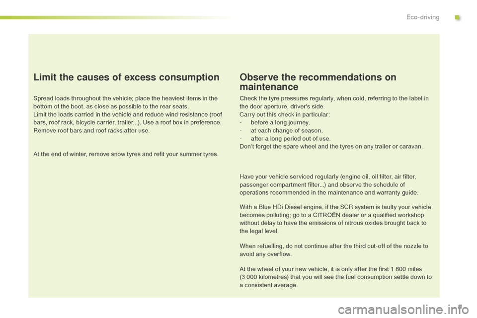 Citroen C3 PICASSO 2014 1.G User Guide 9
C3Picasso_en_Chap00c_eco-conduite_ed01-2014
Limit the causes of excess consumption
Spread loads throughout the vehicle; place the heaviest items in the 
bottom of the boot, as close as possible to t