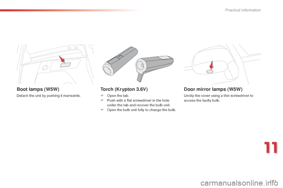 Citroen C3 PICASSO 2014 1.G Owners Manual 171
C3Picasso_en_Chap11_informations-pratiques_ed01-2014
Torch (Krypton 3.6V)
F  open the tab.
F P ush with a flat screwdriver in the hole 
under the tab and recover the bulb unit.
F
  o
p
 en the bul