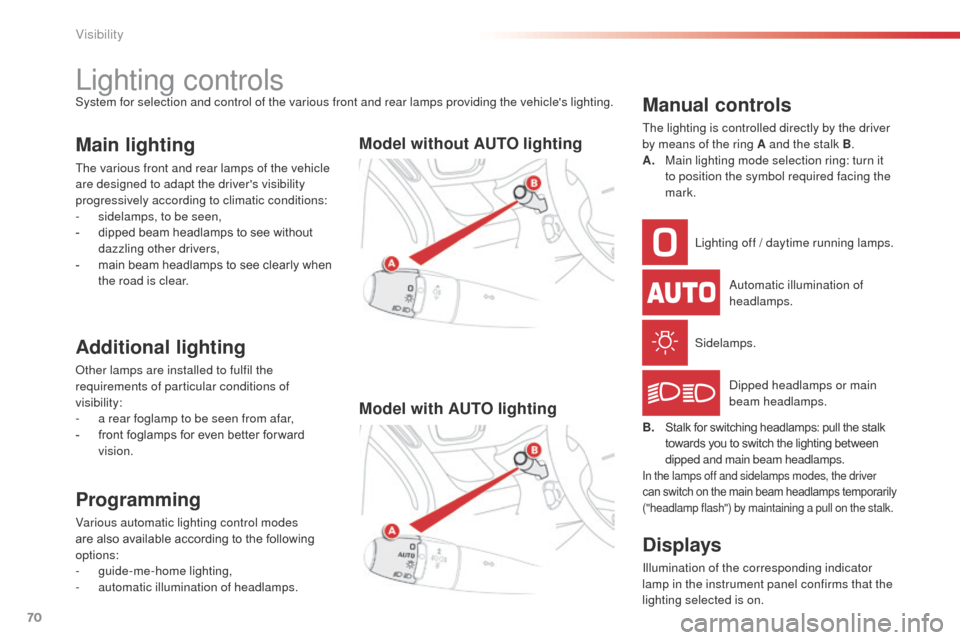 Citroen C3 PICASSO 2014 1.G Owners Manual 70
C3Picasso_en_Chap05_visibilite_ed01-2014
Lighting controlsSystem for selection and control of the various front and rear lamps providing the vehicles lighting.
Main lighting
The various front and 