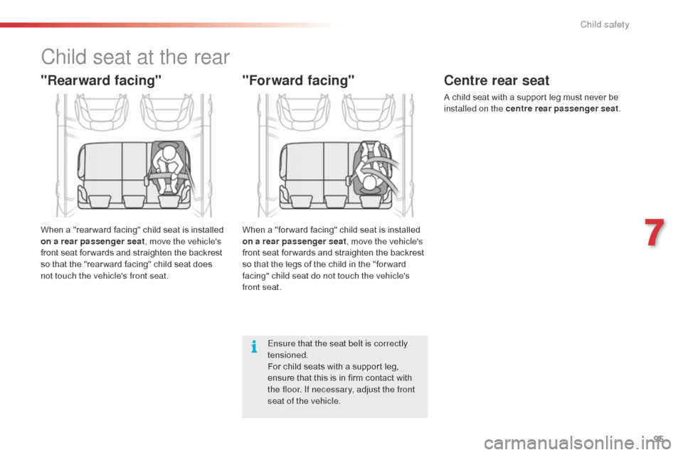 Citroen C3 PICASSO 2014 1.G Owners Manual 95
C3Picasso_en_Chap07_securite-enfants_ed01-2014
"Forward facing"
"Rearward facing"
Child seat at the rear
Ensure that the seat belt is correctly 
tensioned.
For child seats with a support leg, 
ensu