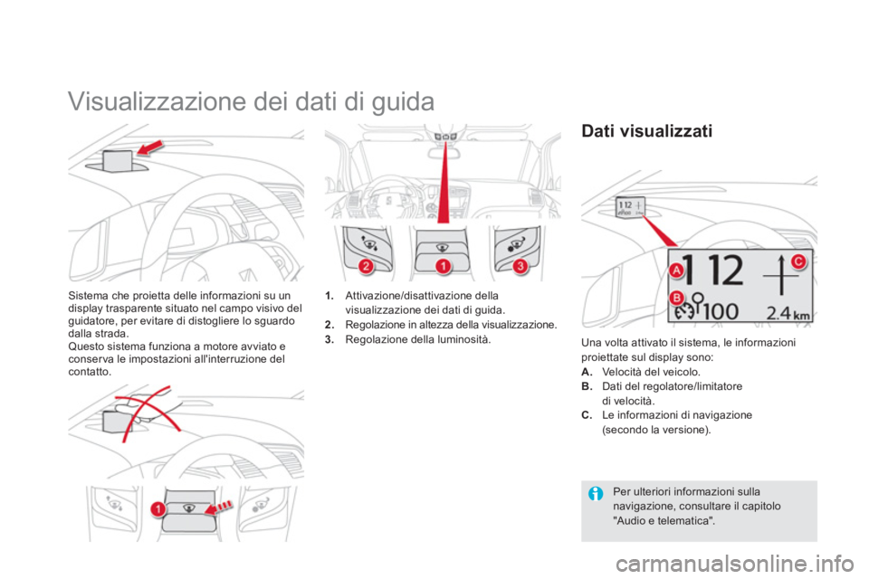 CITROEN DS5 2012  Libretti Di Uso E manutenzione (in Italian)    
 
 
 
 
Visualizzazione dei dati di guida 
Sistema che proietta delle informazioni su un 
display trasparente situato nel campo visivo del
guidatore, per evitare di distogliere lo sguardodalla str